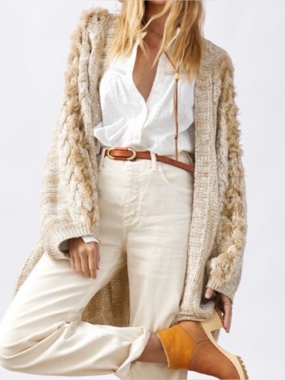 Anthropologie • Cream Braided-Sleeve Fringe Cardigan